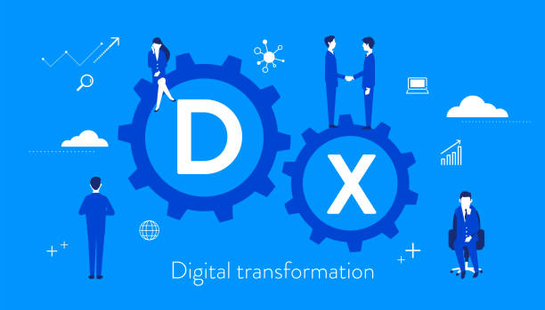 Digital transformation concept image,gear and businesspeople,blue background,vector illustration dx dx stock illustrations