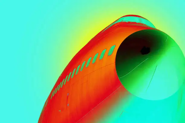 A surreal digital abstract close-up view of the front of a Boeing 747 commercial aircraft.