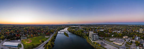 aerial cityscape a cambridge, ontario, canada - church dawn christianity bird foto e immagini stock