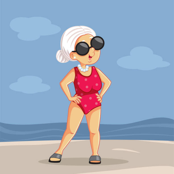 Senior Lady Enjoying Summer Vacation at the Beach Old tourist woman enjoying retirement vacation traveling to a tropical island feeling confident and body positive polka dot bathing suit stock illustrations