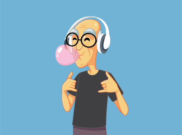 istock Cool Grandpa Chewing Bubble Gum Listening to Music 1327729085
