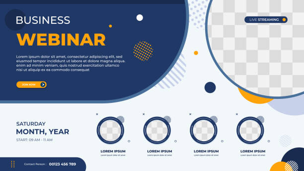 illustrations, cliparts, dessins animés et icônes de modèle de bannière de webinaire d’affaires pour site web avec cadre multi-cercles et fond bleu concept géométrique minimal - guest