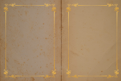 Old textured paper background with golden frame. Copy space