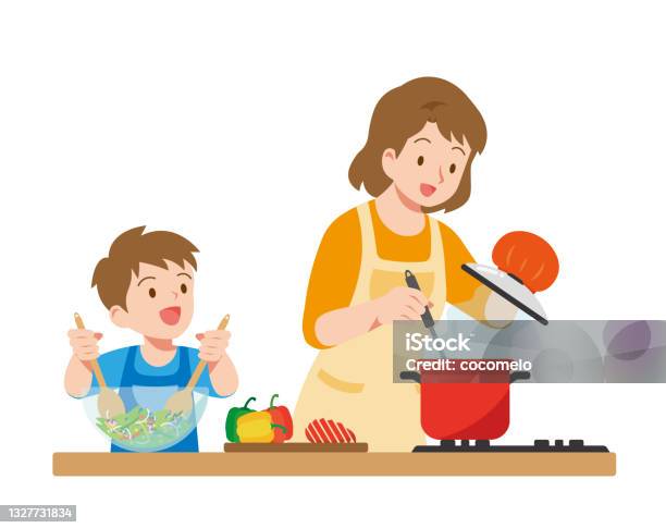 Mother And Son Cooking In The Kitchen Stock Illustration - Download Image  Now - Cooking, Mother, Kitchen - iStock