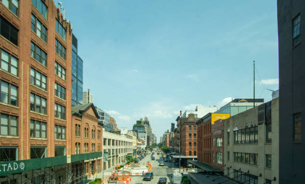 Horizontal view of West 14th Street in the Meatpacking District. New York, NY - USA - July 6, 2021: Horizontal view of West 14th Street in the Meatpacking District. logan west stock pictures, royalty-free photos & images