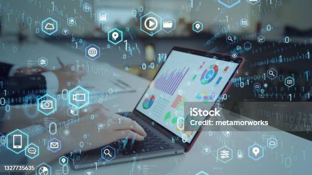 Business And Technology Concept Communication Network Businesswoman Typing On A Laptop Stock Photo - Download Image Now