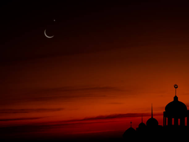 istock Mosques Dome on dark night with Crescent Moon on black background. 1327741362