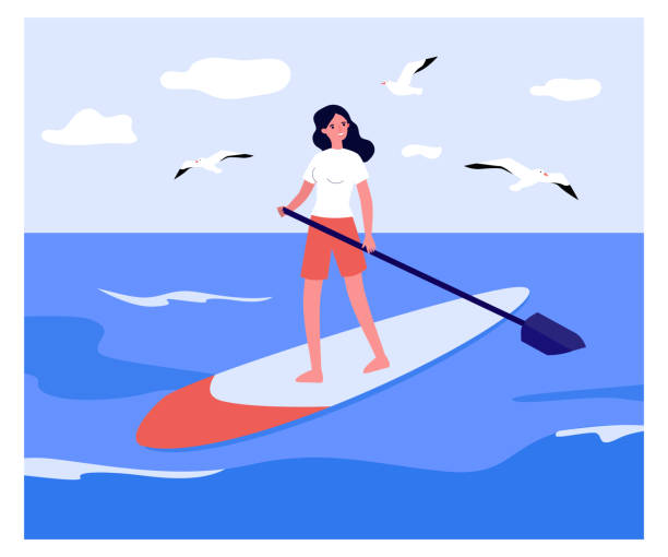 stockillustraties, clipart, cartoons en iconen met girl standing on board with paddle - paddle surfing
