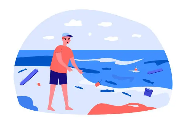 Vector illustration of Man shocked by situation on beach