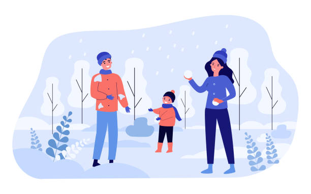 ilustrações de stock, clip art, desenhos animados e ícones de happy mom, dad and child playing snowballs - winter men joy leisure activity