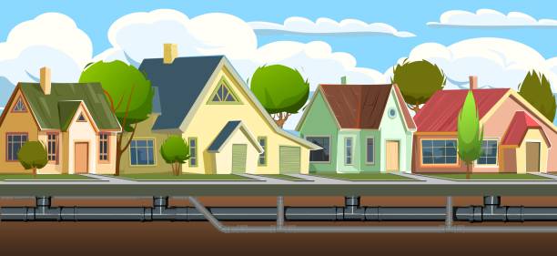 Pipeline for various purposes. Underground part of system. Cartoon town street. Illustration vector Pipeline for various purposes. Underground part of system. Cartoon town street. Illustration vector underground pipeline stock illustrations