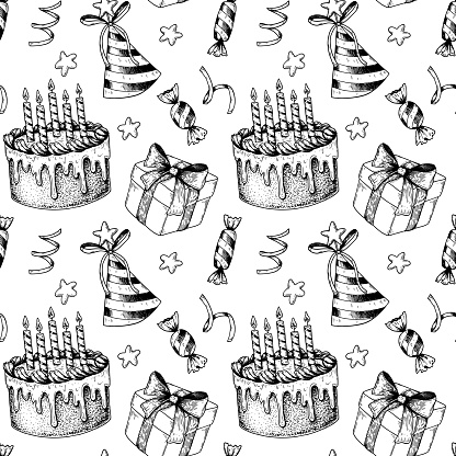 Hand drawn birthday seamless pattern. Vector illustration in sketch style