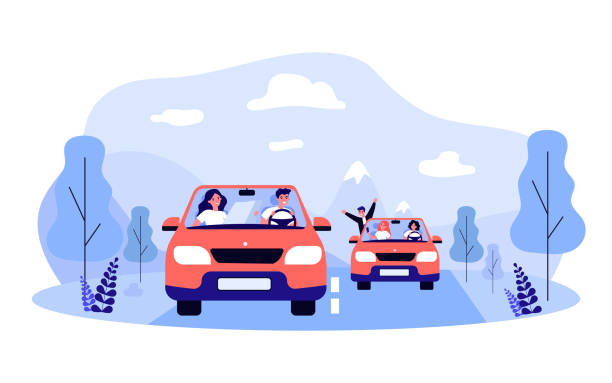 Friends going on road trip together Friends going on road trip together. Flat vector illustration. Young men and women travelling in two identical cars along pre-planned route. Adventure, friendship, transport, travel, auto concept car illustrations stock illustrations