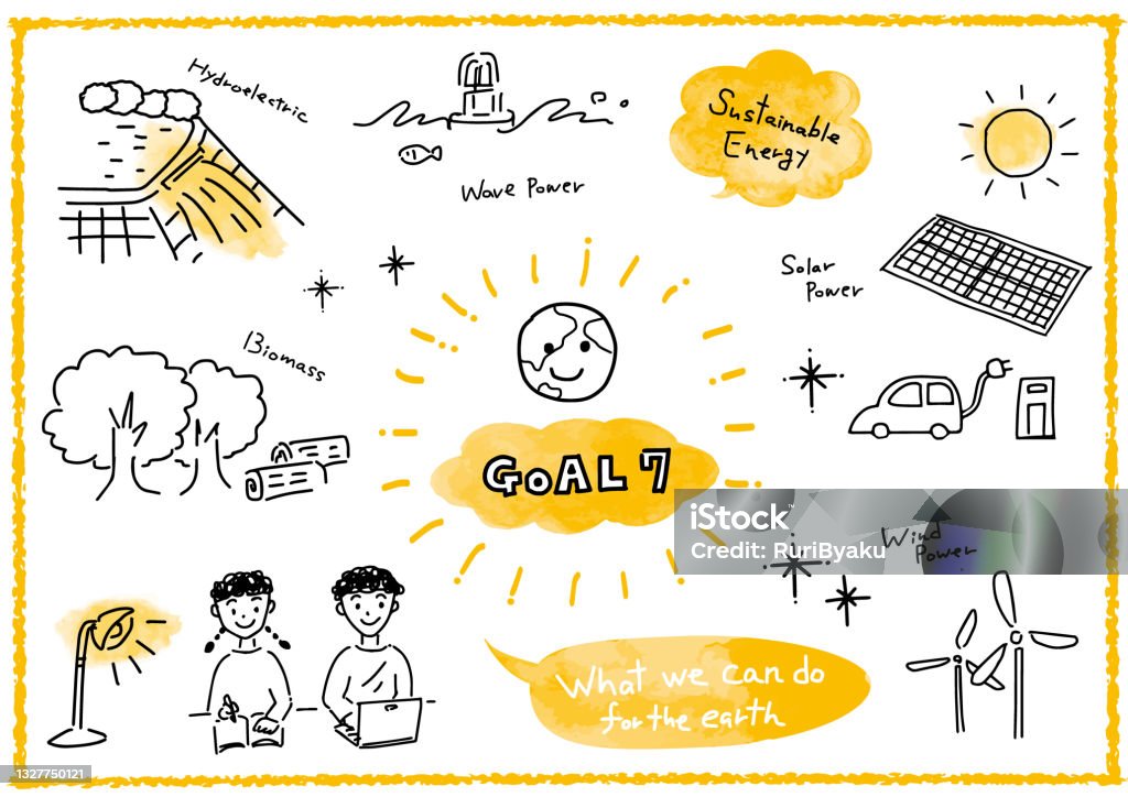 持続可能な開発目標 GOAL7 画像描きイラストセット - 子供のロイヤリティフリーベクトルアート