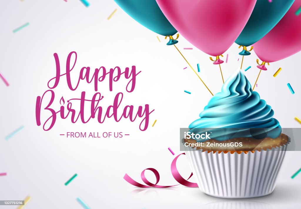 Birthday cupcake vector design. Happy birthday text with celebrating elements like cup cake, balloons and sprinkles for birth day celebration greeting card decoration. Birthday cupcake vector design. Happy birthday text with celebrating elements like cup cake, balloons and sprinkles for birth day celebration greeting card decoration. Vector illustration Birthday stock vector
