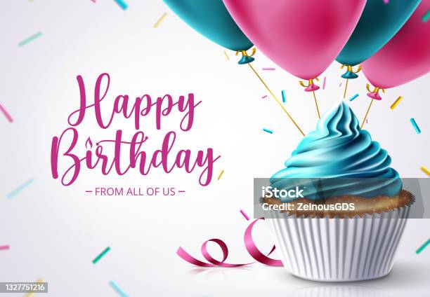 Birthday Cupcake Vector Design Happy Birthday Text With Celebrating Elements Like Cup Cake Balloons And Sprinkles For Birth Day Celebration Greeting Card Decoration Stock Illustration - Download Image Now