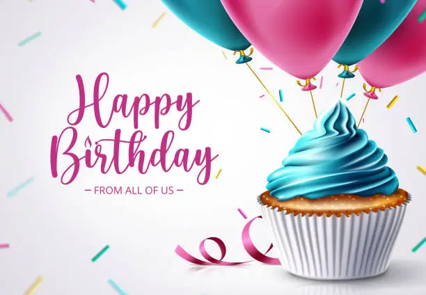 Vector illustration of Birthday cupcake vector design. Happy birthday text with celebrating elements like cup cake, balloons and sprinkles for birth day celebration greeting card decoration.