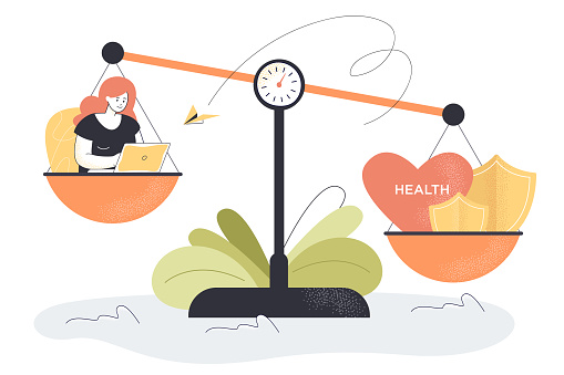 Health care and career on scales. Flat vector illustration. Unbalanced life of exhausted employee working on computer and health outweighing job. Stress, balance, lifestyle concept for banner design