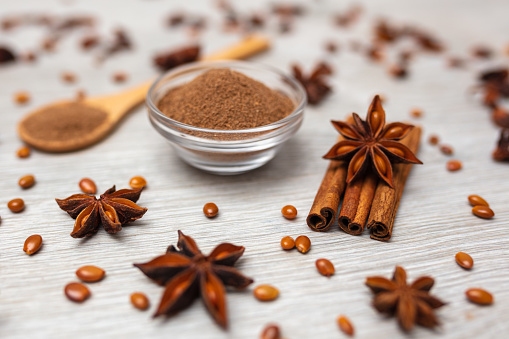 Cinnamons powder in wooden scoop
