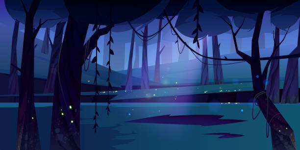 Summer forest glade with flying fireflies at night Summer forest glade with flying fireflies at night. Scene of jungle, garden or natural park in moonlight. Vector cartoon illustration of dark woods landscape with trees and lianas Glade stock illustrations