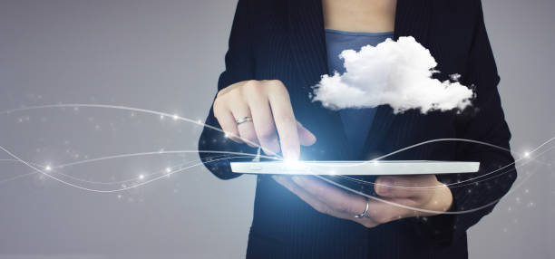 istock Abstract cloud connection technology background. White tablet in businesswoman hand with digital hologram Abstract cloud sign on grey background. Cloud computing concept. 1327755077