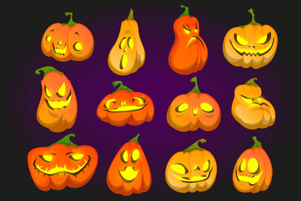 내부에 빛이 무서운 할로윈 호박 - halloween pumpkin human face laughing stock illustrations