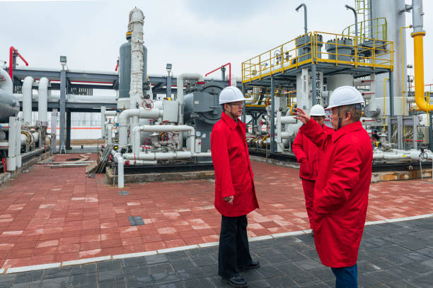 ingenieros y personal se comunican in situ en planta química - gasoline company fotografías e imágenes de stock