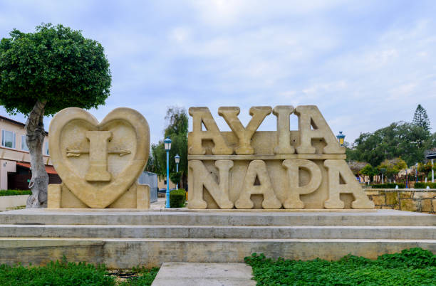 Ayia Napa, Cyprus - January 15, 2020: Ayia Napa word monument with heart
