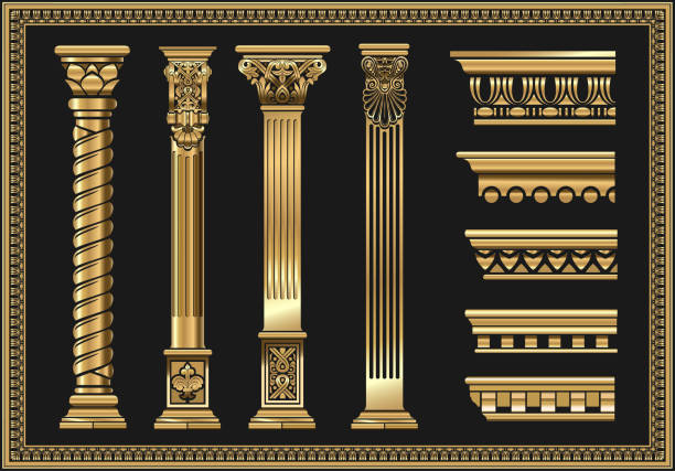 set von silhouetten klassische vintage goldene kapitell - golden temple stock-grafiken, -clipart, -cartoons und -symbole
