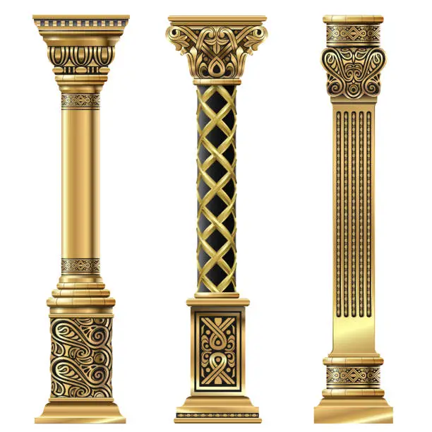 Vector illustration of Set of golden decorative columns in oriental style