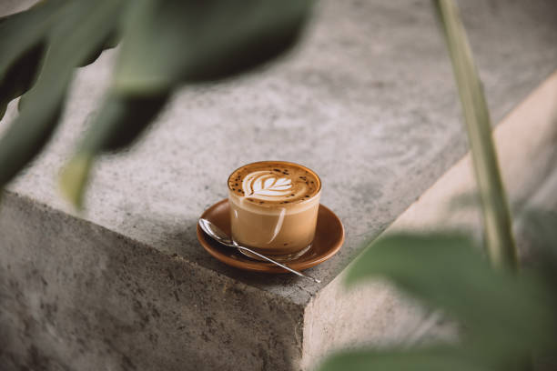 Glass of cappuccino with latte art on saucer and with spoon on the concreet background Glass of cappuccino with latte art on saucer and with spoon on the concreet background with tropical plant in front milk froth stock pictures, royalty-free photos & images