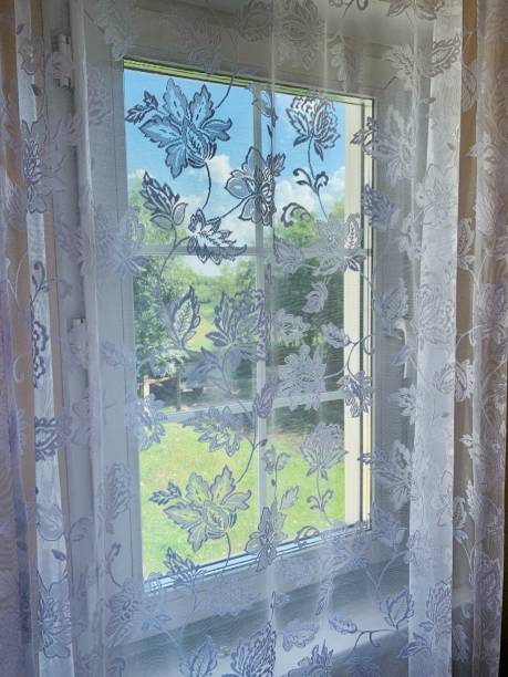 istock Window with curtains summer view from home 1327761370