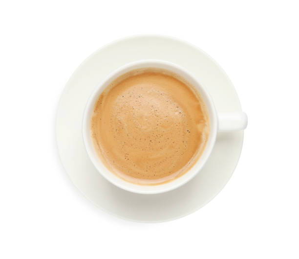 istock Cup of aromatic hot coffee on white background, top view 1327762053