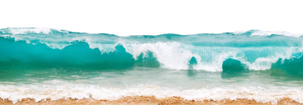 istock Big ocean blue waves with white foam isolated on a white background. Banner format. 1327764345