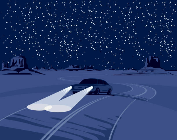 ilustraciones, imágenes clip art, dibujos animados e iconos de stock de paisaje occidental nocturno con desierto y coche de paso - driving night car headlight