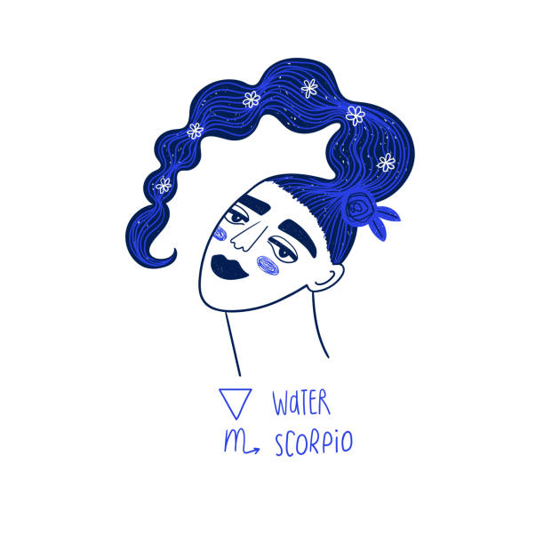 Scorpio zodiac sign with beautiful girl Colorful Scorpio astrological sign. Zodiac funky girl portrait isolated on a white. Vector illustration, tattoo or sticker. female scorpio tattoos stock illustrations