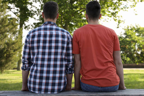 istock Gay couple sitting on bench in park, back view 1327766717