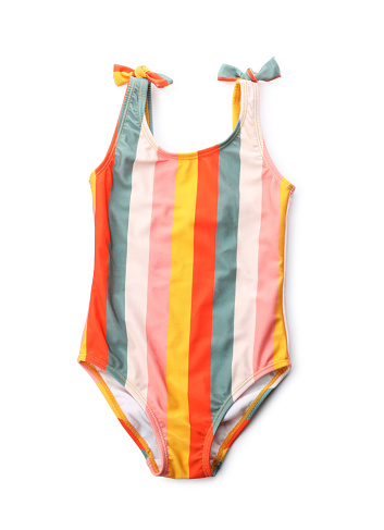 Stylish striped swimsuit isolated on white, top view. Beach accessory