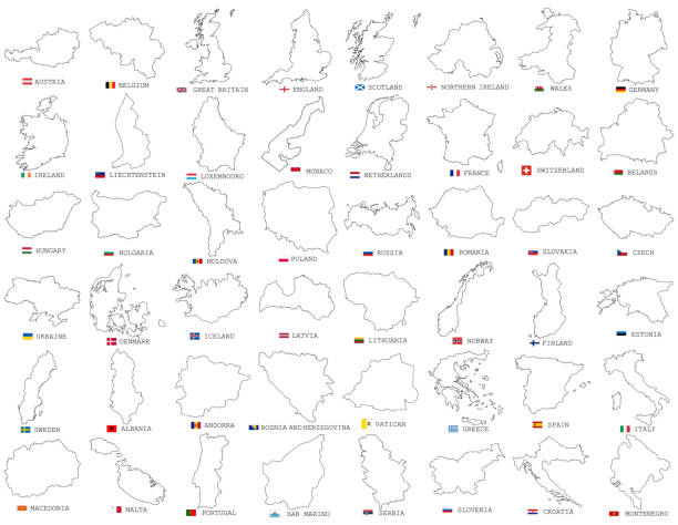 すべてのヨーロッパの州、国の線、白い背景に分離線形細線の大きなベクトルセット。ヨーロッパの地図の詳細な編集可能なイラスト。名前を持つヨーロッパ諸国の地図 - denmark map flag europe点のイラスト素材／クリップアート素材／マンガ素材／アイコン素材