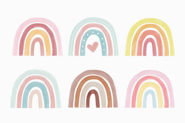 ilustraciones, imágenes clip art, dibujos animados e iconos de stock de acuarela color pastel rainbows set - rainbow