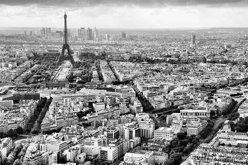 Paris, France - aerial city view Eiffel Tower. UNESCO World Heritage Site.
