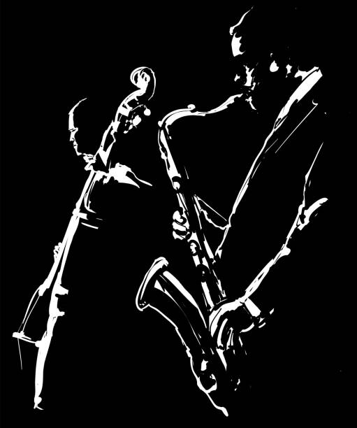 jazz, saksofon i kontrabas w nocnym klubie - brass instrument obrazy stock illustrations