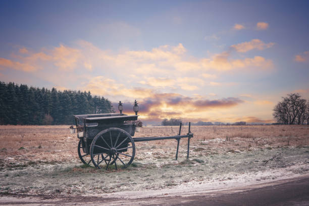 Old settlers wagon standing in the frost on a praerie in the sunset