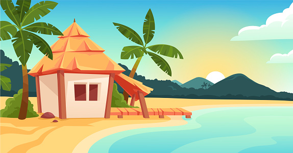 Cute bungalow or beach hut on tropical island resort. Wooden house with terrace, palm trees. Ocean and mountains landscape. Wooden private cottage with thatch roof. Flat cartoon vector illustration