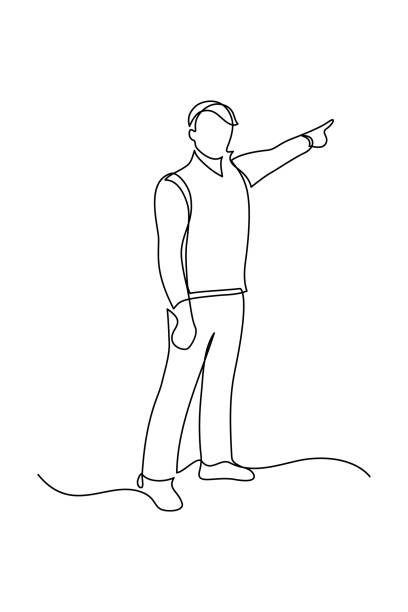 Man pointing Man pointing the finger at something in continuous line art drawing style. Person extending arm to point copy space. Minimalist black linear sketch isolated on white background. Vector illustration man presenting white background stock illustrations