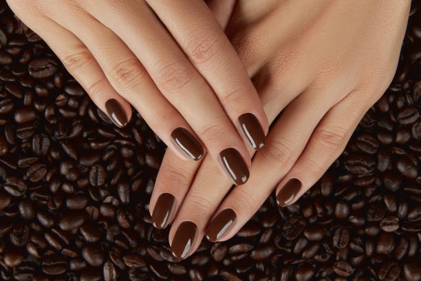 Beautiful groomed womans hands with brown nail design.