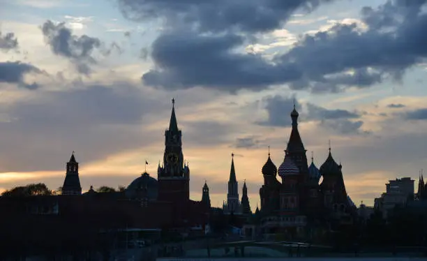 Photo of Silhouette of evening Moscow. Panoramic view of the Moscow Kremlin and St Basil's Cathedral.