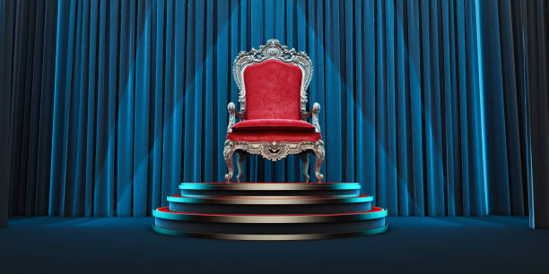 chaise royale rouge sur fond de rideaux noirs. rendu 3d - trône photos et images de collection