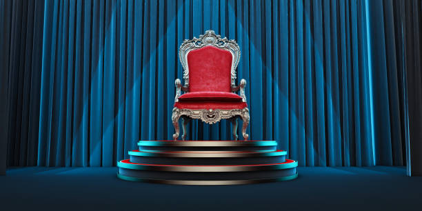 istock Red royal chair on a background of black curtains. 3d render 1327792937