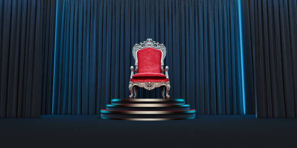 istock Red royal chair on a background of black curtains. 3d render 1327792941